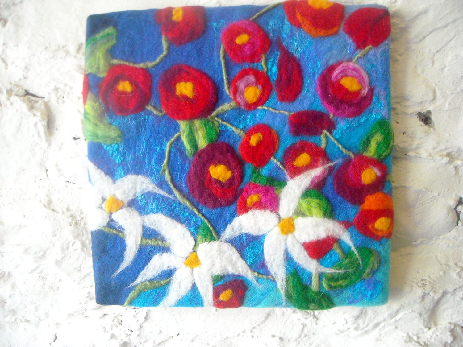 abstract floral wall art, rambling roses, fiber art