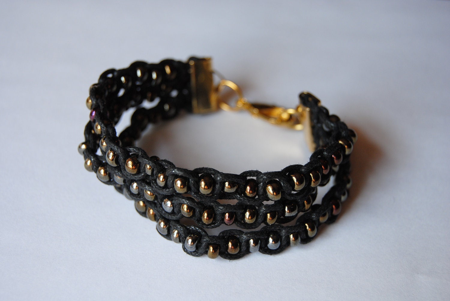 triple layer beaded bracelet // black & mixed metalics