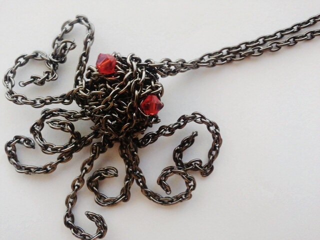 Wired Gunmetal Chain Octopus Necklace with Red Swarovski Crystal Eyes