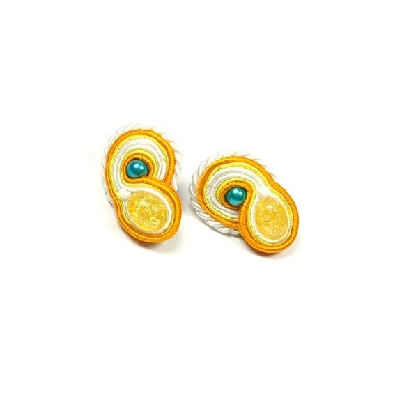 Soutache Earrings with Amber. Hand Embroidered Yellow Earrings. Soutache Jewelry. Colored Jewelry.