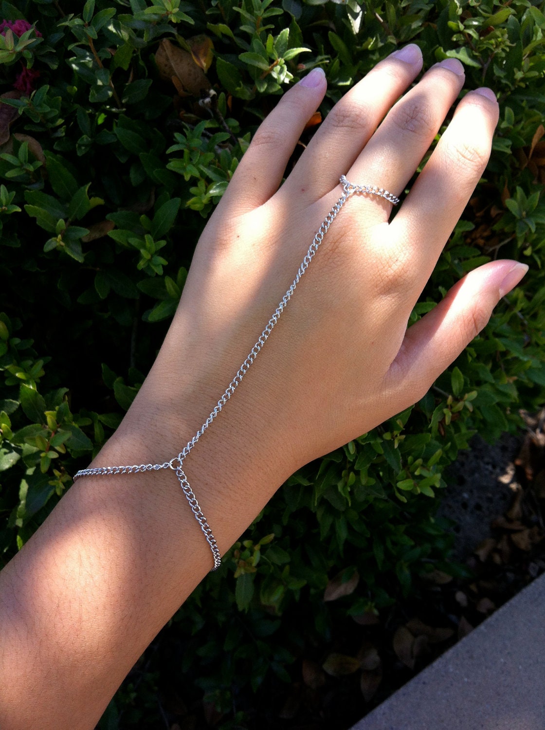 Silver Recycled Metal Curb Chain Bracelet Ring Hand Harness
