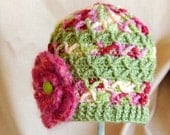 Hand crocheted diamond Hat with Fuzzy Flower