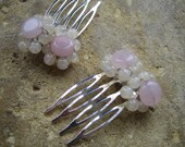 Moonstone and Rose quartz Flower Mini Hair comb Handmade Wedding hair accessories set of two on silver combs bridesmaid jewellery