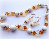 White Onyx Necklace, Onyx Jewelry, White Opalite Butterfly Earrings, Yellow Glass Beads, Wedding Jewelry, OOAK, Ready to ship