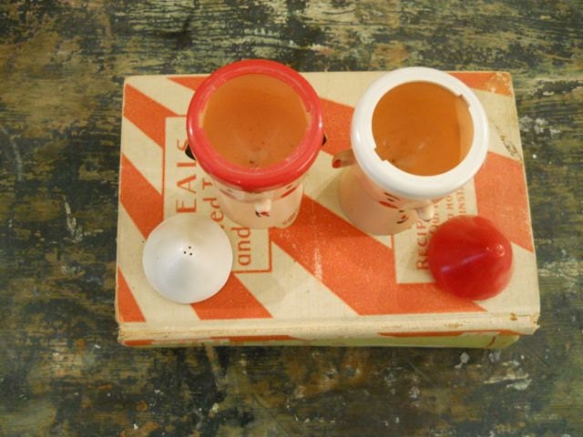Plastic Salt and Pepper Shakers - Boy and Girl Heads With Red and White Hats