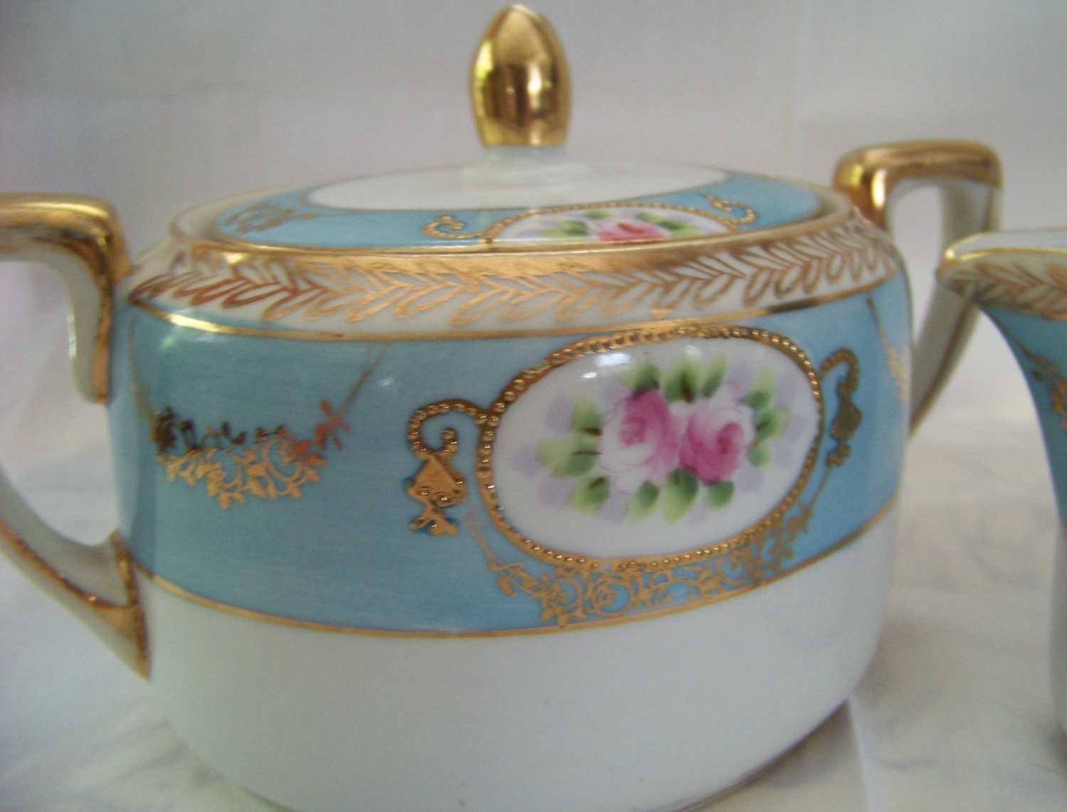 Vintage Rare Hand Painted Nippon Sugar and Creamer Set, Morimura Bros., pre-dates Noritake china, real 24K gold trim