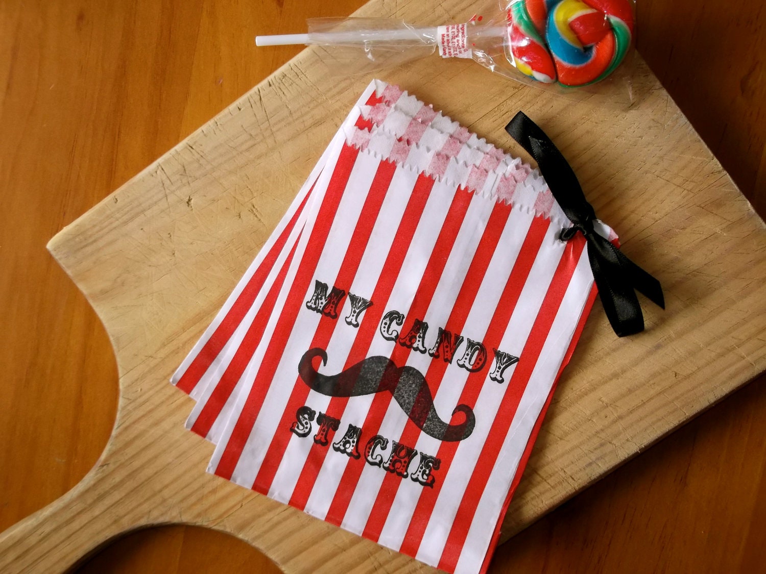 25 Moustache Theme Red Striped " MY CANDY STACHE" candy buffet bags, children's party, wedding cake bags,candy station bags, favor bags