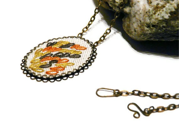 Embroidery fiber pendant Brass autumn leaves Rustic