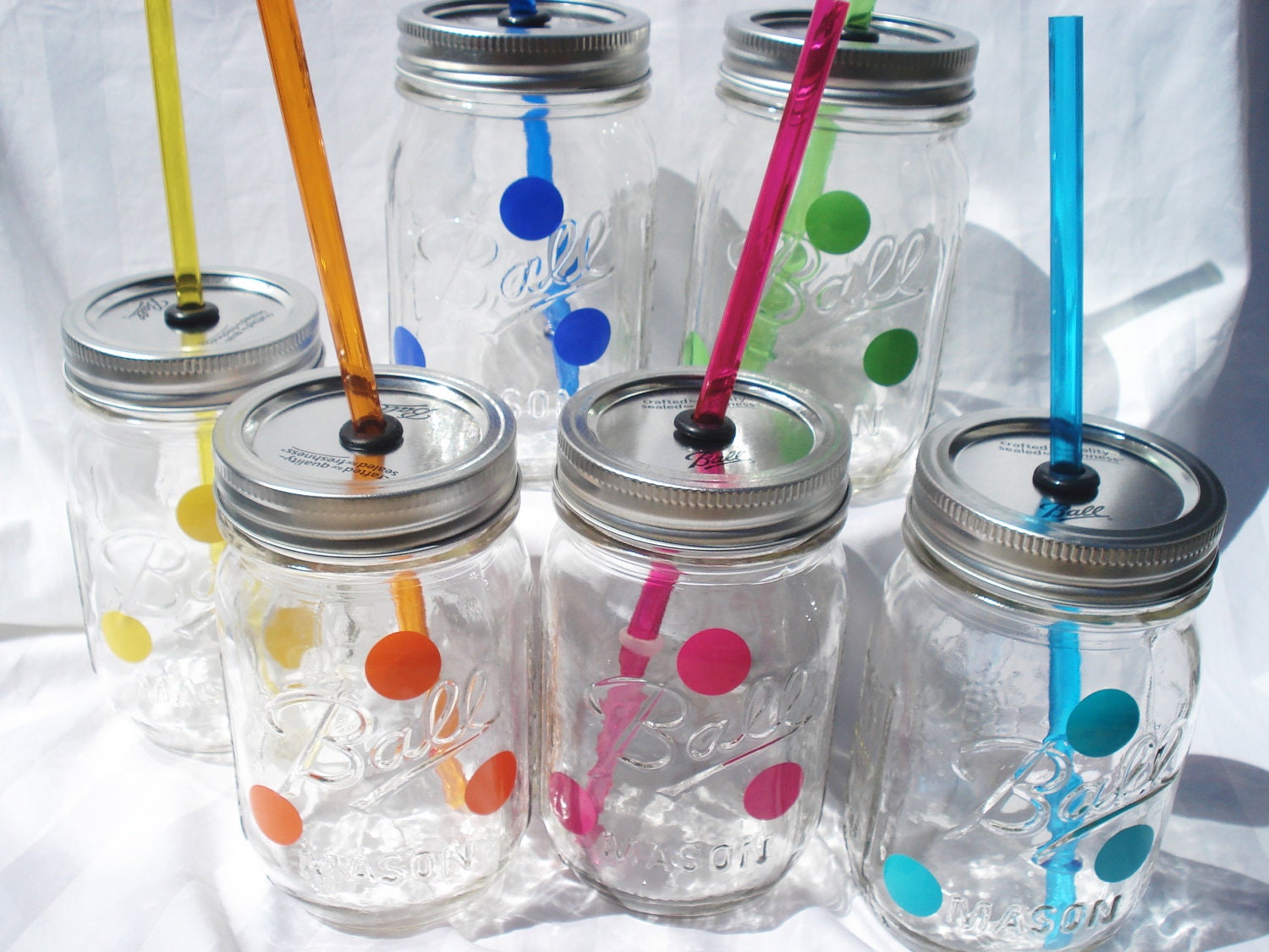 12  Mason Jar drinks Mix and Match Polka Dot Sippers with matching Reusable BPA Free Straws TWELVE