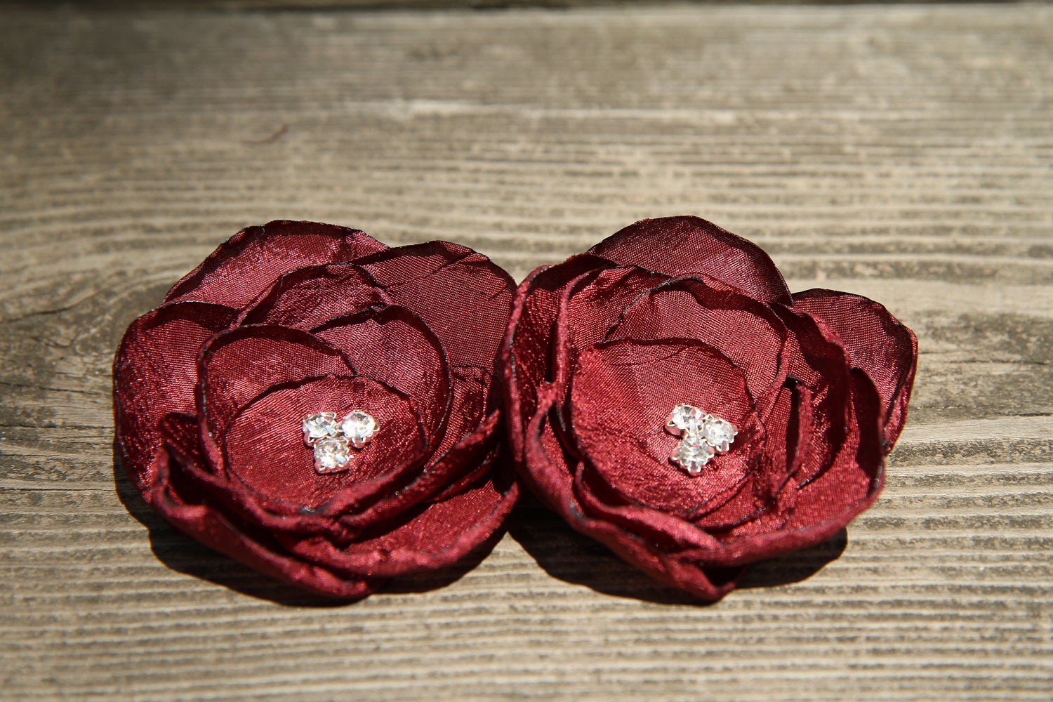 Burgundy Red Hair flowers - Bridesmaids Hair Flower Clips (set of 2) - Rhinestone - Bridal Hair Accessories - Handmade Headpiece