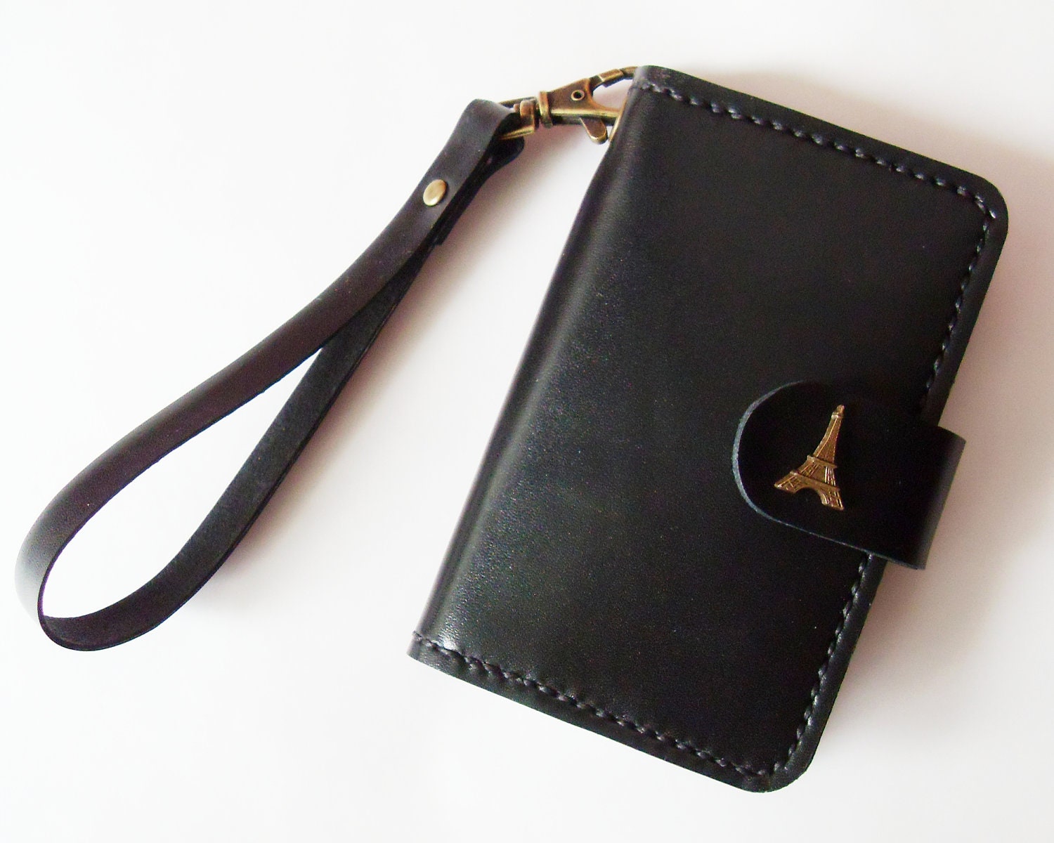iPhone 4 Wallet - Leather iPhone Case with Eiffel Tower Button Snap in Black - for iPhone 4 or 4s - Handmade & Hand Stitched - Free Monogram