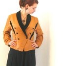 80s Vintage tan blazer jacket : cross-over, double breasted, camel caramel brown, black velvet, size M L XL oversized