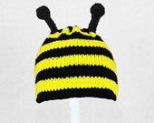 Bumble Bee Hat, Black and Yellow Knit and Crochet Beanie, send size choice baby - adult