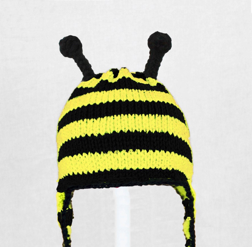 Bumble Bee Earflap Hat, Black and Yellow Knit and Crochet Beanie, send size choice baby - adult