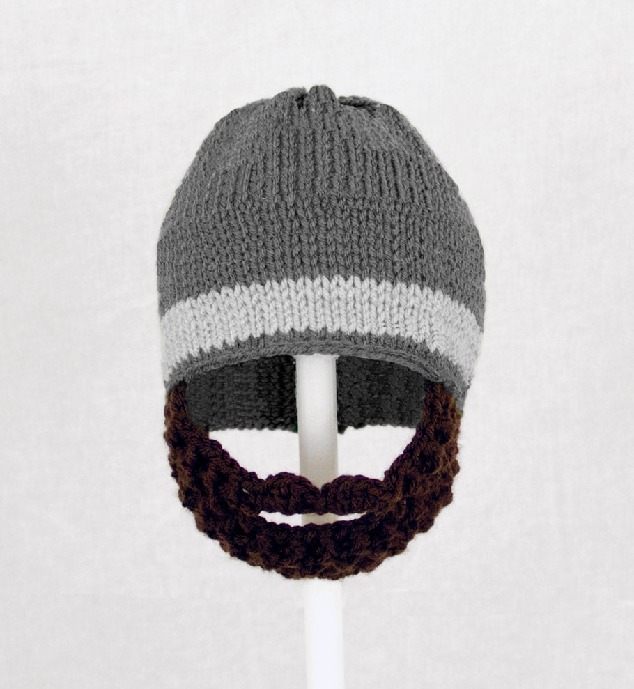 Beard Hat, Dark Gray with Light Gray Stripe Knit and Crochet Beanie, send size choice baby - adult