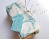 Set of Six Eco Friendly Reusable Cloth Napkins in White and Aqua Seaside theme with Starfish size 16 by 16