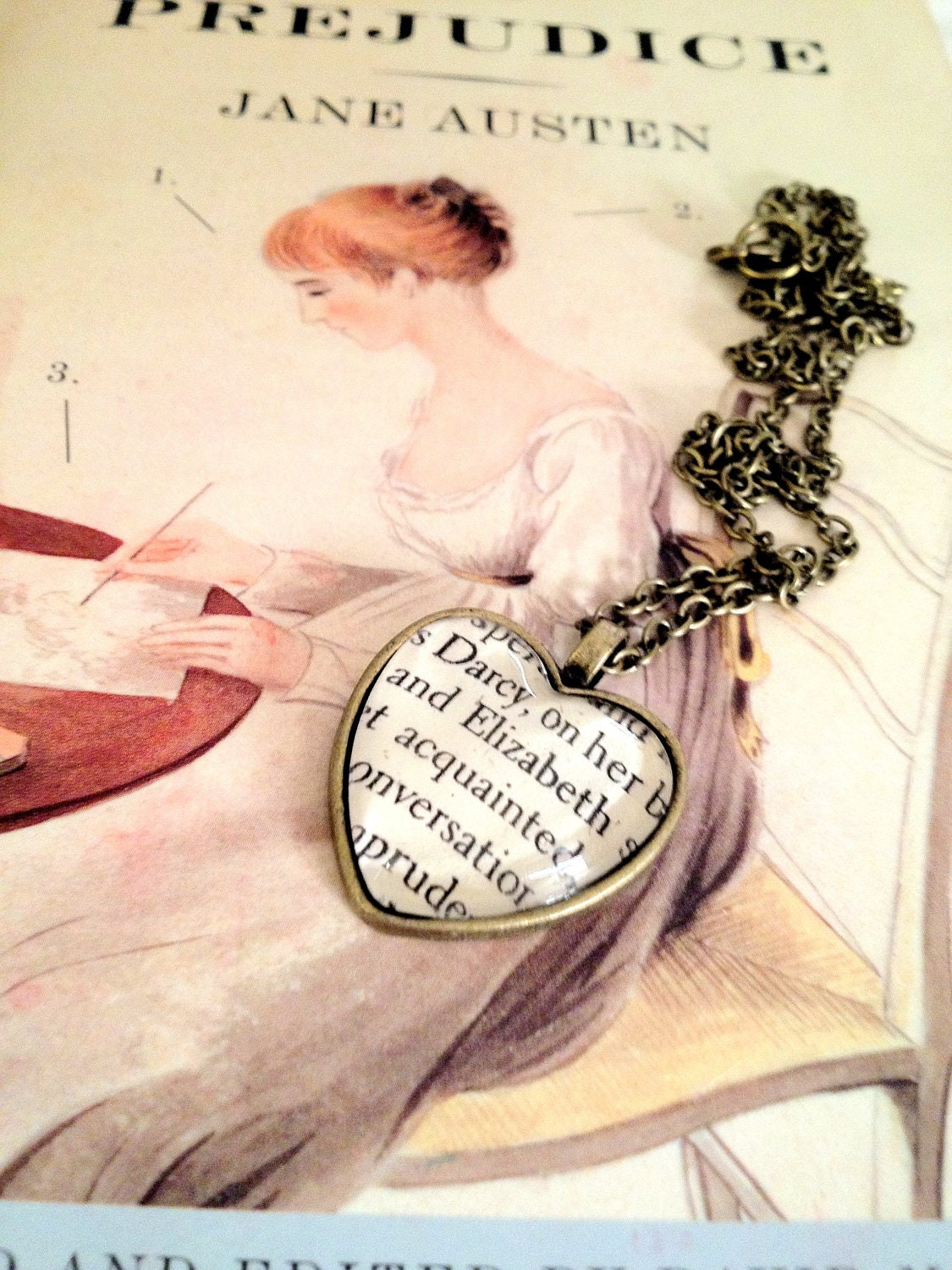 Pride and Prejudice Elizabeth Bennet and Mr Darcy Heart Shaped Antiqued Bronze Book Page Necklace