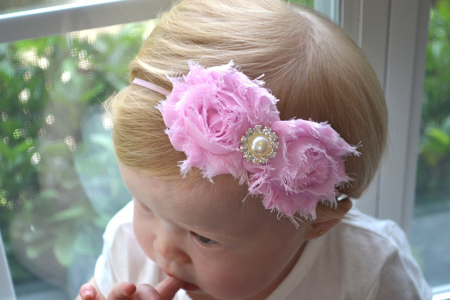 Pink Shabby Flowers Skinny Headband with Pearl Rhinestone, Newborn Headband, Toddler Headband, Baby Girl Photo Prop.