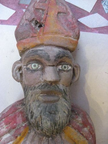 Vintage Carved Wooden Religious Statue of Man with Blue Eyes and Flowing Robes