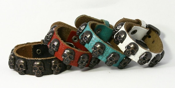 Skull Studded Genuine Leather Bracelet, Leather Cuff. B008