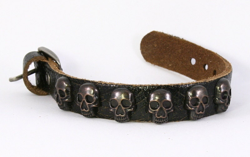 Skull Studded Genuine Leather Bracelet, Leather Cuff. B008