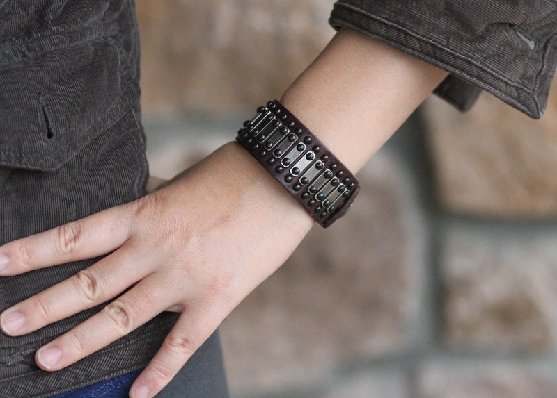 leather bar studded bracelet, leather bar studded cuff, Natural Colors, Urban or Industrial Modern Look. B028