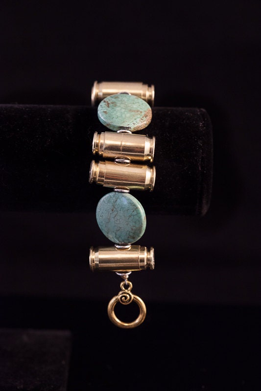 Ammo Bullet Bracelet-"Targets and Turquoise"- 40mm, 45mm bullets, turquoise stone beads