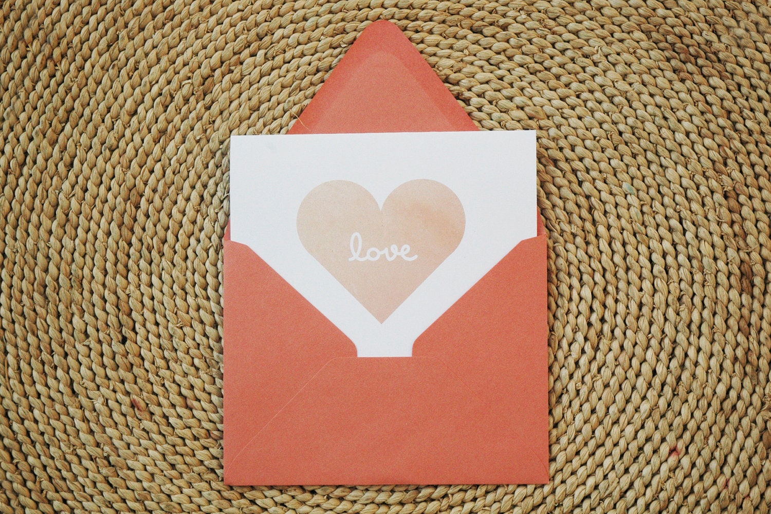 Cursive "Love" in a Pink Heart Card with Matching Envelope - Blank Inside