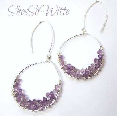 Natural Amethyst Sterling Silver Dangle Hoop Earrings Boho Chic