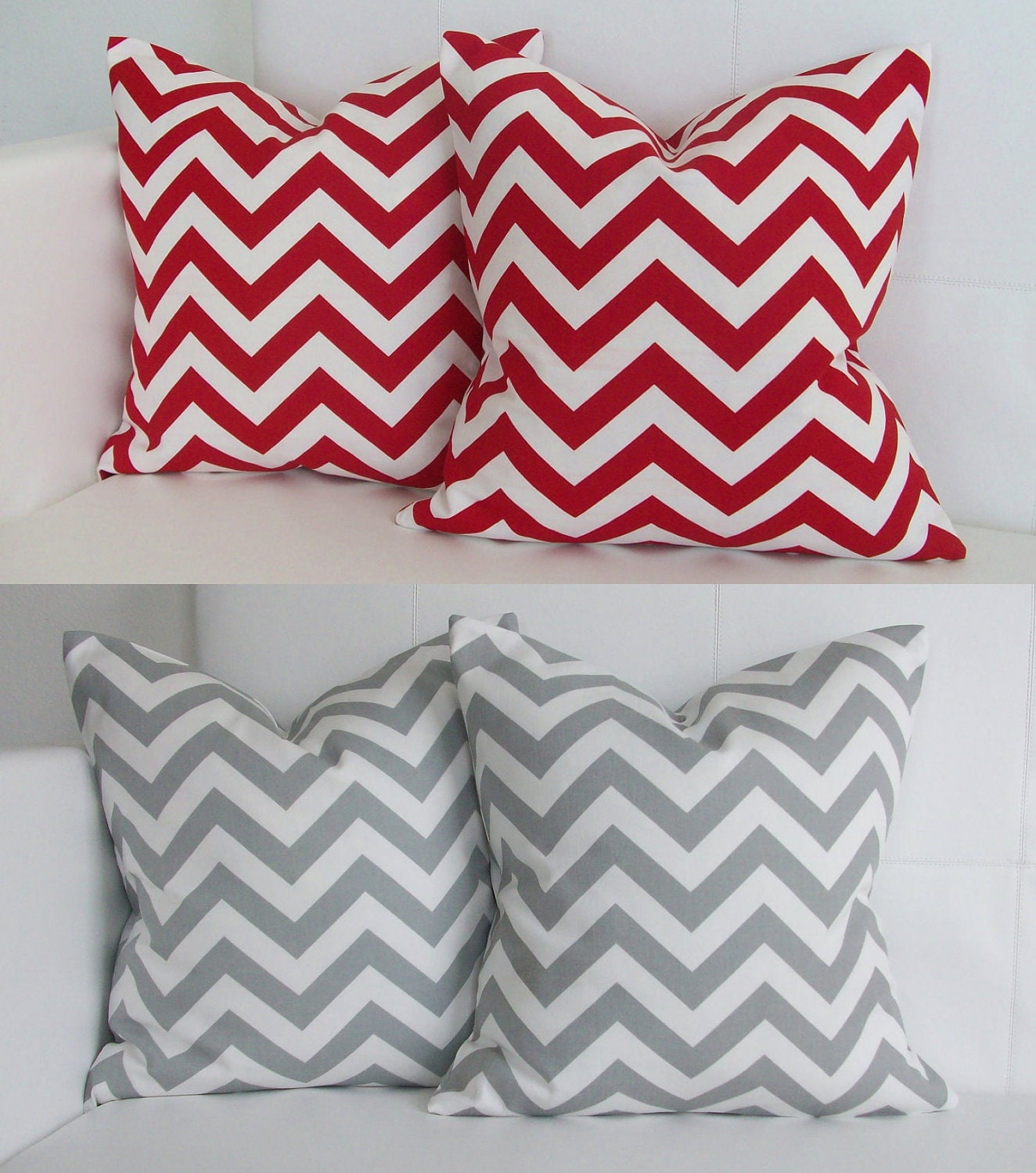 Four Red and Gray Pillow Covers - Chevron Throw Pillows Covers for 16x16 Pillows