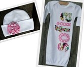 Gift Set -- Hand appliqued newborn gown and cap with fabric rosette