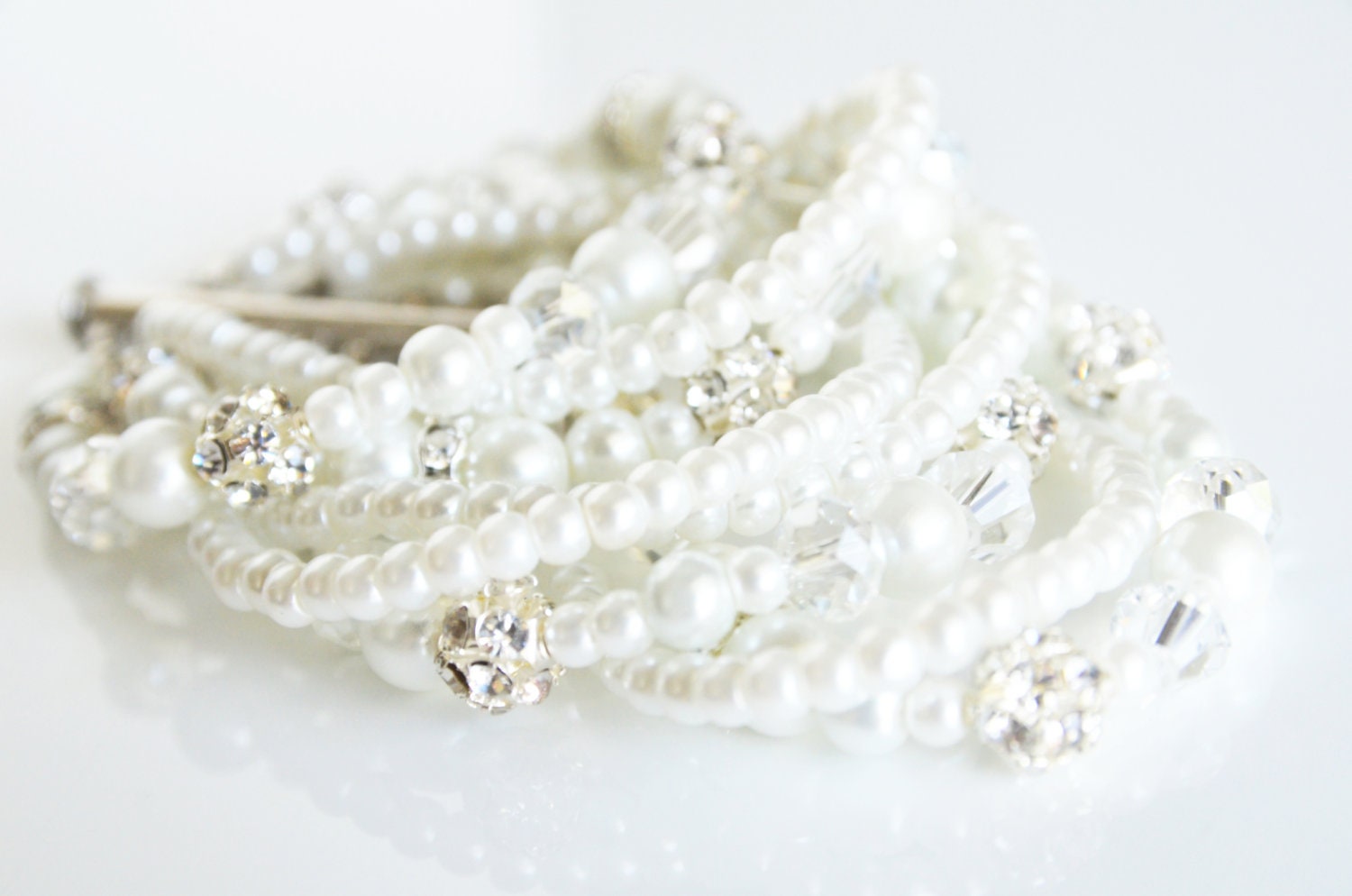 wedding white glass pearl cuff chunky bracelet swarovski rhinestone bracelet crystal bracelet wedding bridal jewelry bridesmaids bracelet - sestras