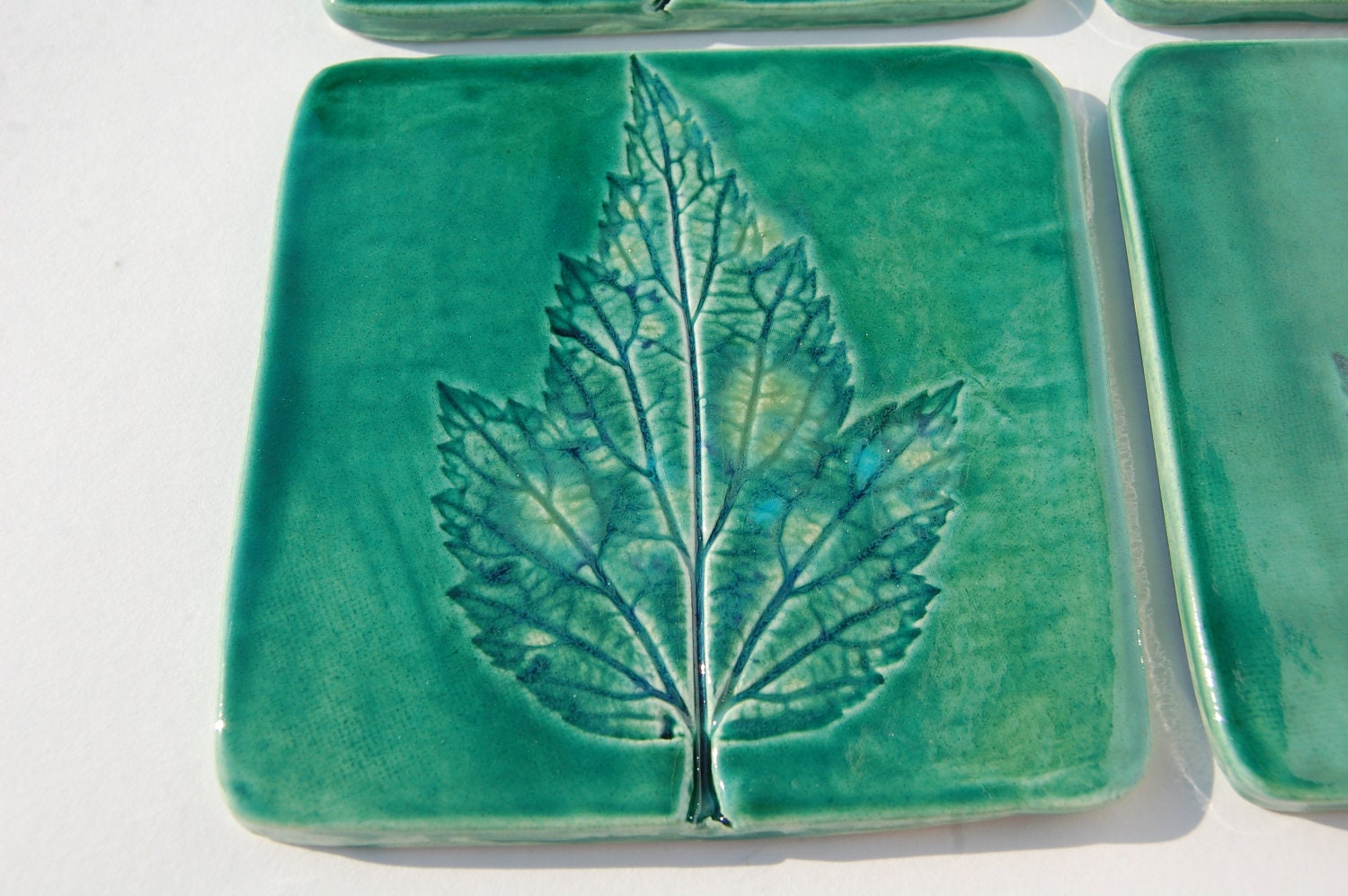 Drinks Mat LEAF coaster  square green leaf coaster Green coaster tiles wedding gift