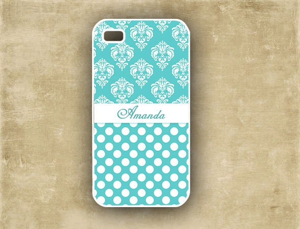 Tiffany blue Iphone 5 case, Iphone 4 case  - Tiffany blue polka dots and damask - monogrammed Iphone 5 cover, Iphone 4s plastic case (9824)
