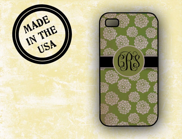 Shabby and chic iPhone 4 case - Grayish green with silver - floral monogram Iphone 5 cover, Iphone 4s plastic rubber iPhone case (9937)