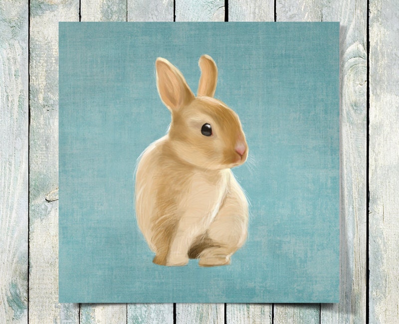 A small rabbit on a rustic light blue background (art print 10x10 on giclée archival paper)