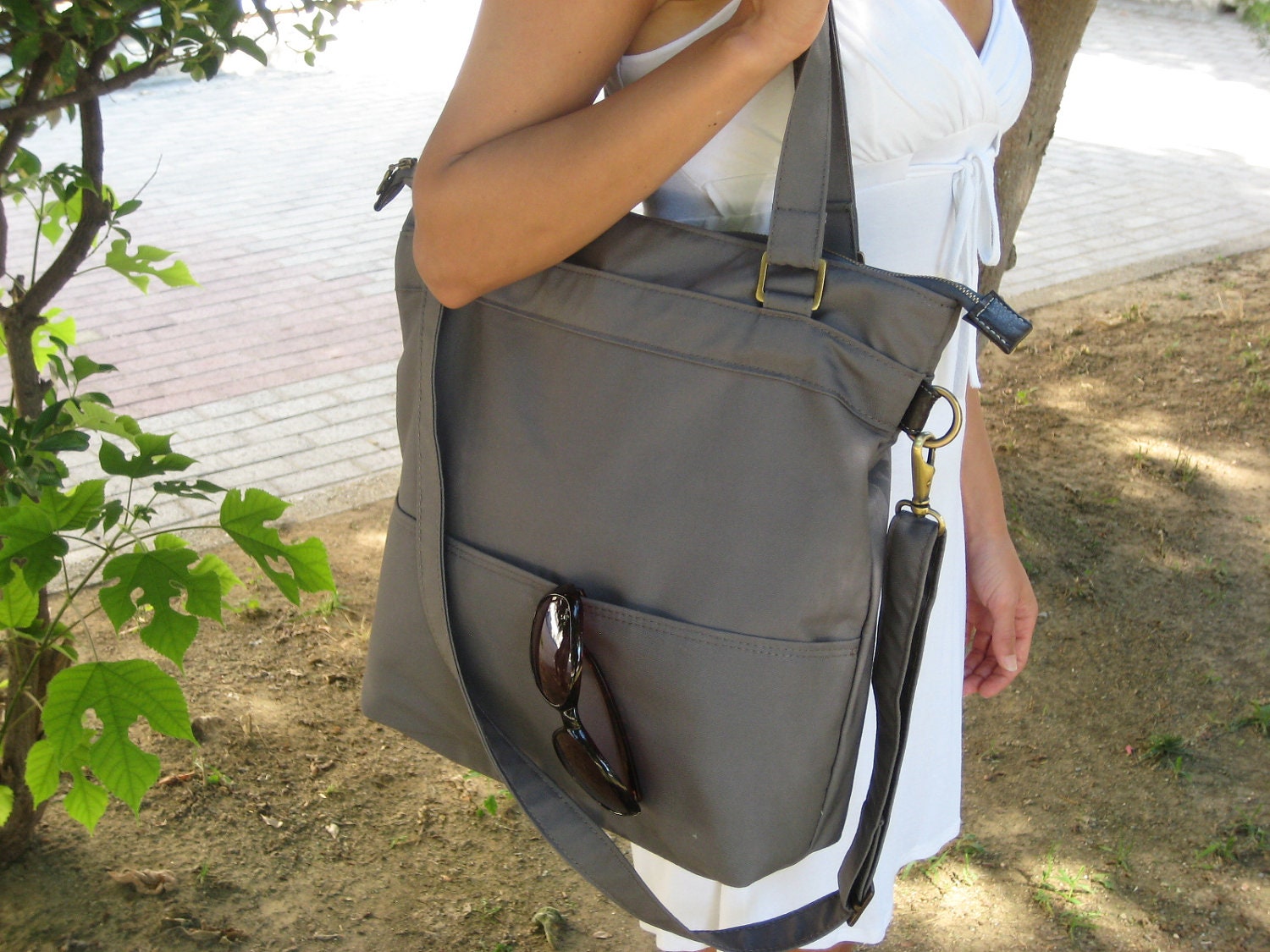 Tote cotton canvas shoulder bag in gray /laptop tote bag/shoulder bag/ cross body messenger bag/tote canvas purse /Made to order