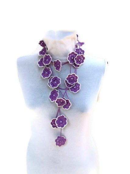 Phapsody Crochet lariat scarf with Flower in Lilac with bead, Necklace, Crochet Floral Necklace, Feminine, Trendy, Infinity, Harvest,