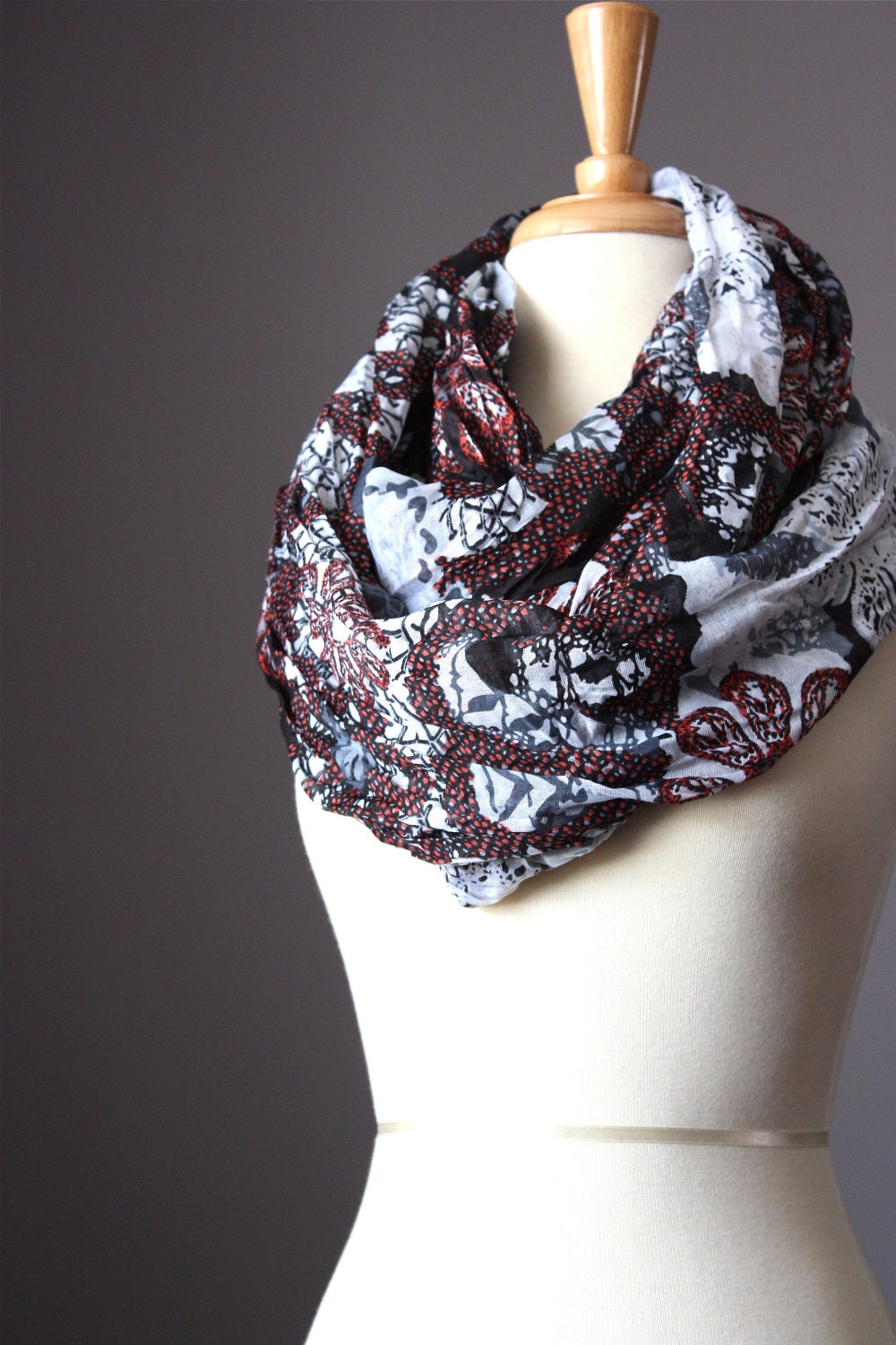 Abstract Infinity Scarf ,  Floral Print,   black, white, grey, red,  light ,  soft,  crinkled handmade