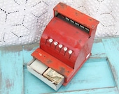 1950s Red Tin Children's Play Cash Register - rubyrose805