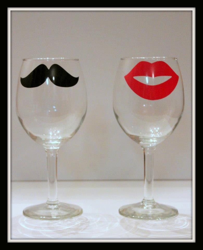 Hipster Lips and Mustache Wine Glass Set Wedding, Couple, Anniversary