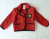 Vintage wool jacket, 4T. Back to school. Red wool with black trim, gold buttons and crest - LazerBabyVintage