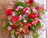 Christmas Deco Mesh Wreath,Candy Canes, Gingerbread Man, Holidays, Wreaths
