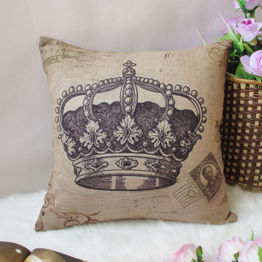 1 cotton linen king retro crown  throw pillow cover / decorative pillowcase / cushion cover 18"