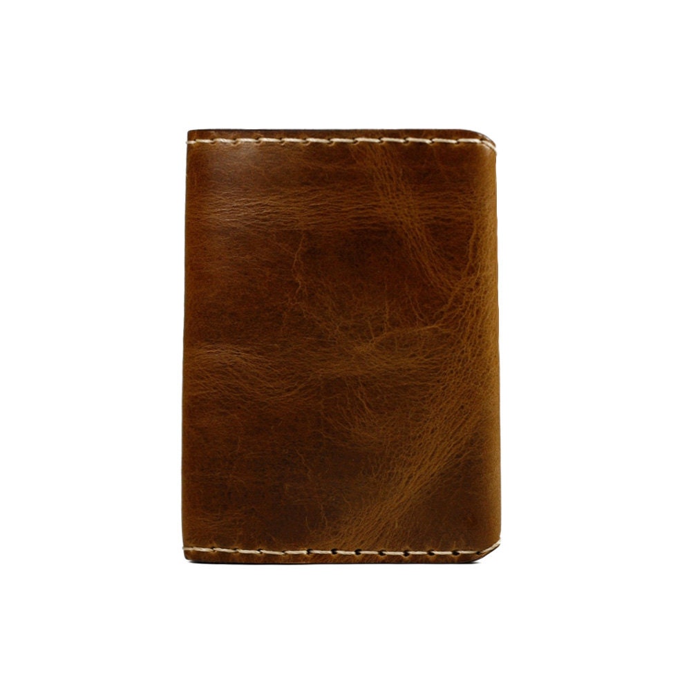 Bifold Vertical Leather Wallet minimal slim wallet for cash credit cards IDs handmade from Chestnut Brown leather