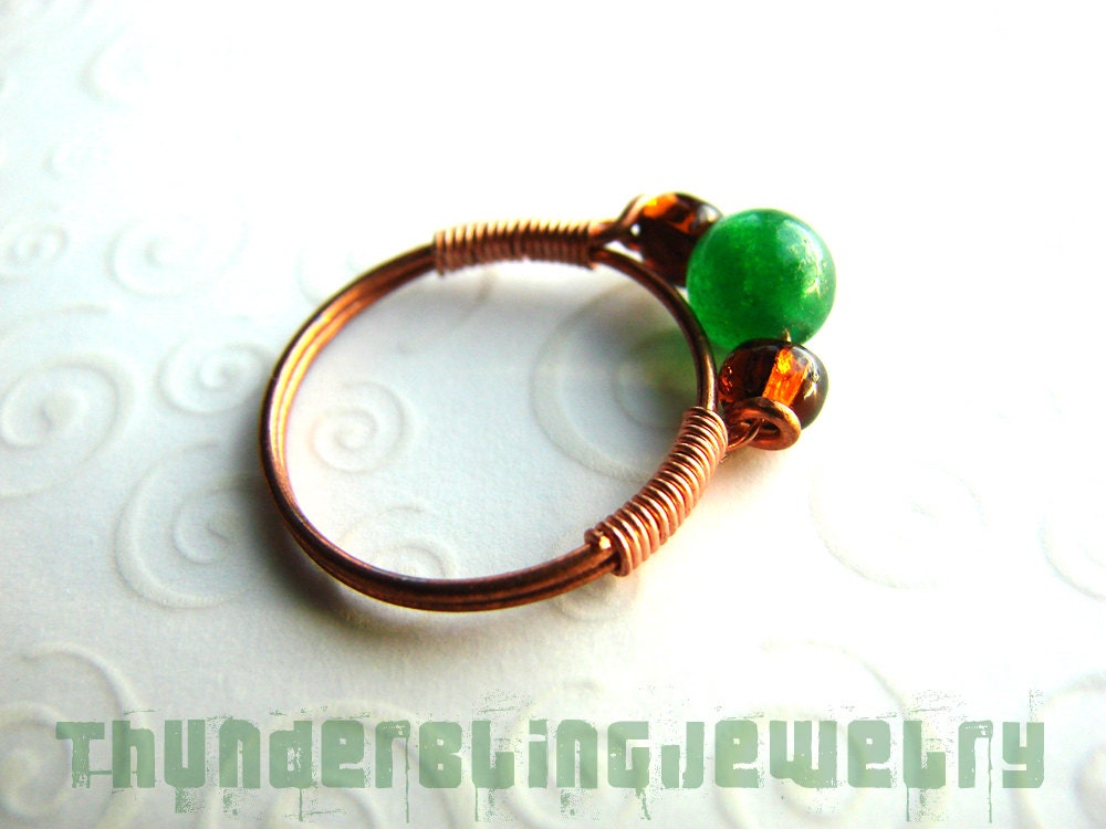 Green Jade Wrapped Copper Ring: Wire Wrapped Gemstone and Glass - Handmade Healing Gemstone Jewelry