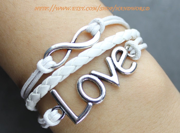 Silvery love bracelet infinity karma bracelet wish bracelet white leather bracelet -N539
