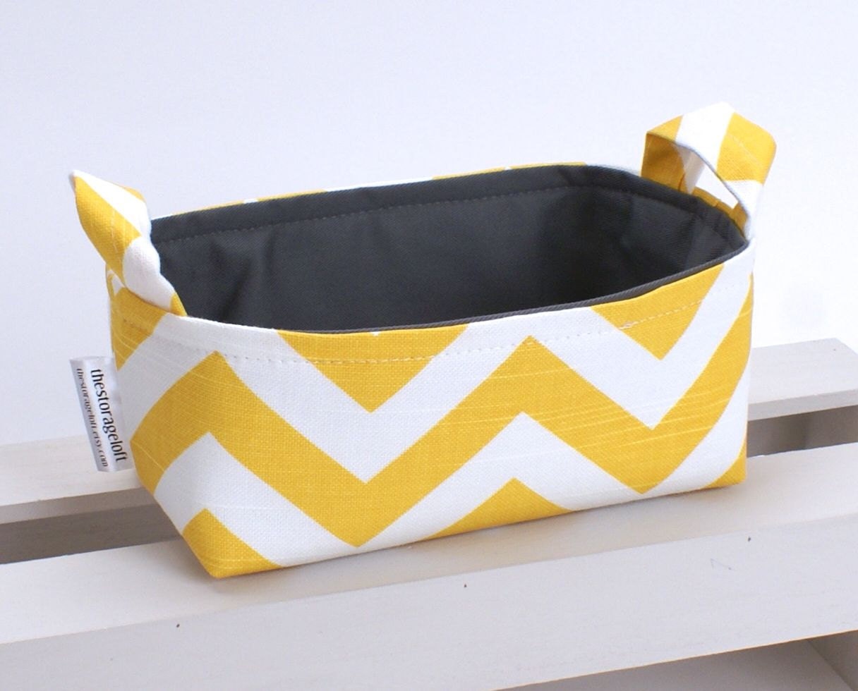 Storage Basket Organizer Container Basket Bin - Yellow White Chevron Zigzag Grey Lining Fabric