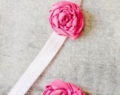 Pink Fabric Flower Rosette with Pink Headband and Matching Pink Hair Clip