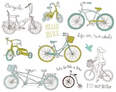 14 Bicycles clip art, digital scrapbooking, Hand Drawn, Vintage, wedding invitations, cards, blue, green, Personal and Small Commercial Use